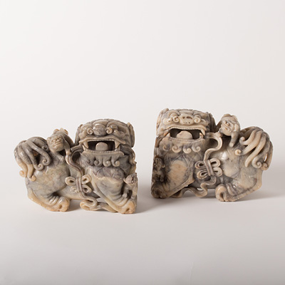 Pair of soapstone lion dogs, China, Republic, circa 1930